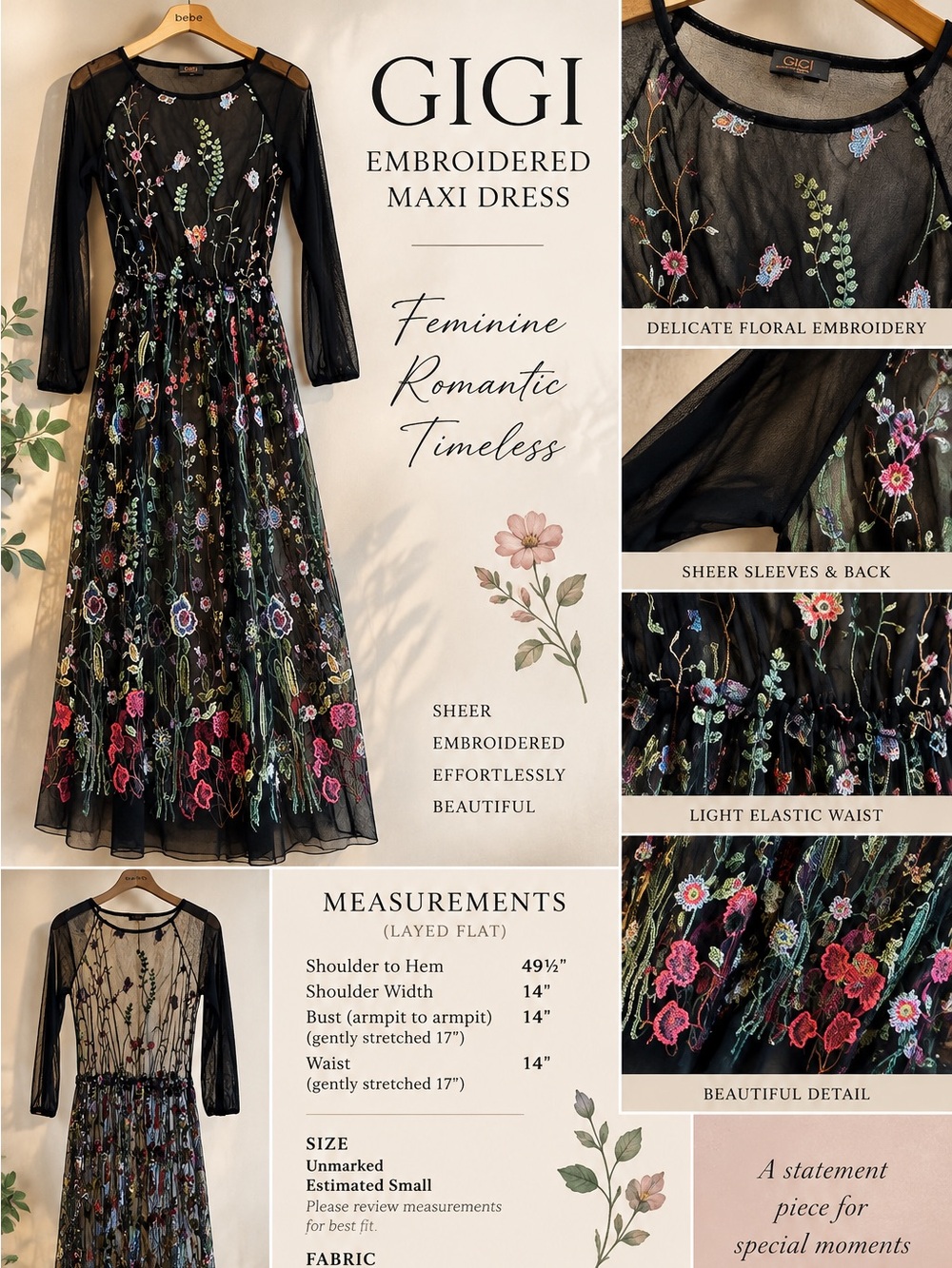 Embroidered Floral Black Mesh Midi Dress